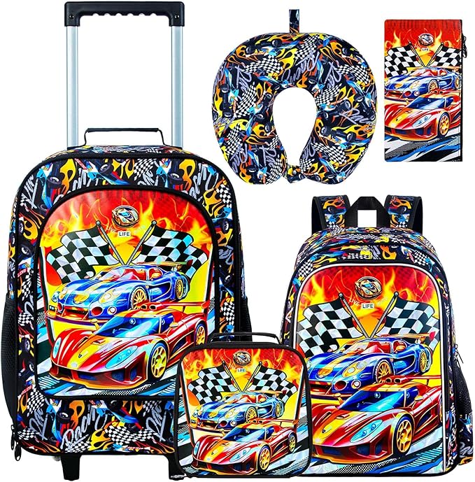 HPJGD 5PCS Boys Suitcase Set, Kids Water-Resistant Rolling Luggage, Cool Car Racing Travel Carry-On for Elementary/Preschool Toddler