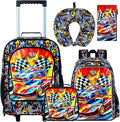 HPJGD 5PCS Boys Suitcase Set, Kids Water-Resistant Rolling Luggage, Cool Car Racing Travel Carry-On for Elementary/Preschool Toddler