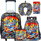 HPJGD 5PCS Boys Suitcase Set, Kids Water-Resistant Rolling Luggage, Cool Car Racing Travel Carry-On for Elementary/Preschool Toddler