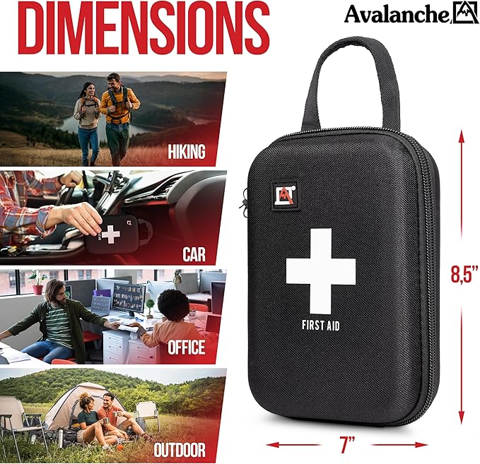 Avalanche 53 Pieces First Aid Kit, Compact Emergency Supplies Kit for Home, School, Car, Travel, Sports or Camping in Hard Shell Foam Case, Portable Mini First Aid Kit, Black