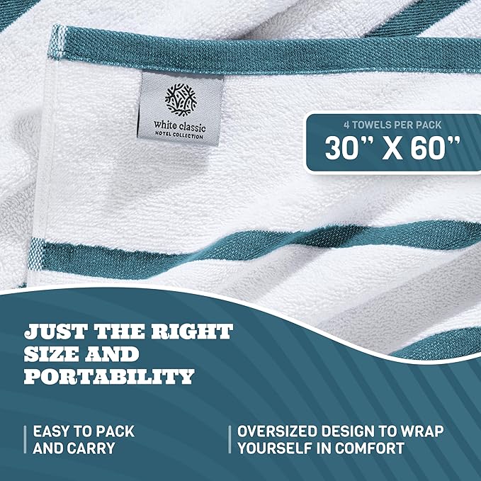 White Classic Cotton Pool Towels Oversized 30 x 60 Inches, Ultra Absorbent and Low Lint Striped Beach Towels for Adults, Stripes Design Luxury Extra Large Bath Towels, Light Blue, 4 Pack