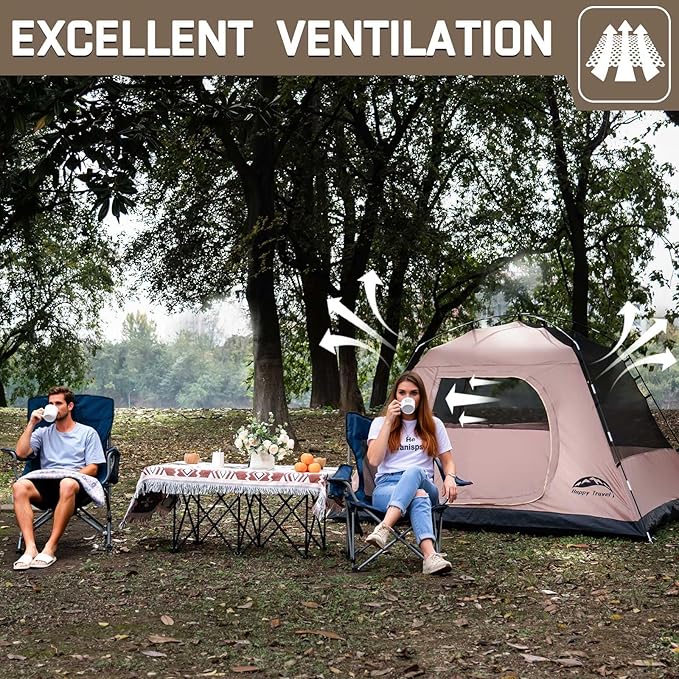 Happy Travel Camping Tent, 4 Person Dome Tents for Camping with Rainfly, Waterproof Clip Easy Setup Portable Family Tent with Mesh Windows, 20% More Headroom Backpacking Tents for Camping & Hiking