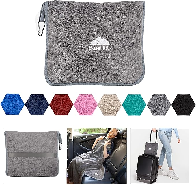 BlueHills Long Travel Blanket Pillows for Two Airplane Traveling Essentials Flight Throws in Bag case with Backpack Clip Compact Large Plane Accessories – Gray and Pink