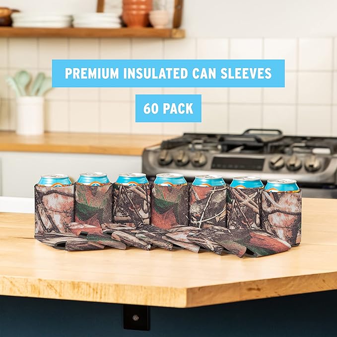 Beer Can Cooler Sleeves (60-Pack) Soft Insulated Coolies - HTV Friendly Blank Koolies in Bulk for Cans & Bottles - Coolie Blanks for Vinyl Projects & Wedding Favors (Natural Camo)