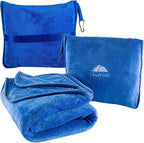 BlueHills Premium Soft Travel Blanket Pillow Airplane Blanket Packed in Soft Bag Pillowcase with Hand Luggage Belt and Backpack Clip, Compact Pack Large Plush for Any Travel (Royal Blue T003)