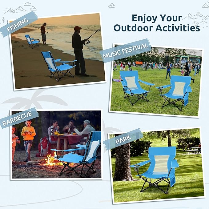 HaSteeL Folding Beach Chair Set of 3, Foldable Blue Camping Chairs & Grey Table for Outside, Low Beach Chair Portable for Adults Fishing, Picnic, Outdoor BBQ, Travel, Sports, Cup Holder & Storage Bag