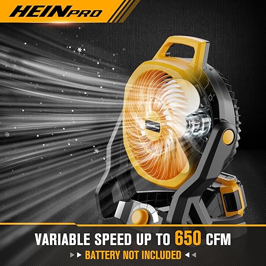 HEINPRO Battery Powered Fan Compatible with Dewalt 20V Max Battery with AC Adapter (No Battery) Up to 650CFM, Variable Speed, Low Noise 30dB, Portable Cordless Fan for Camping, Jobsite