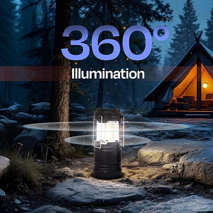 Rechargeable Camping Lantern, Pack of 2 - LED Camping Lantern Battery Powered, Waterproof Solar Lantern for Emergency, Hiking & Power Outages | USB-C Rechargeable, Collapsible, 360° Light