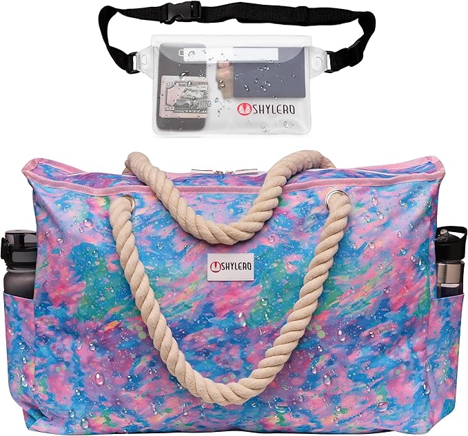 Beach Bag and Pool Bag Has Cooler Pocket, 7 Pockets Total, Zip Top. Family Size Waterproof Beach Tote