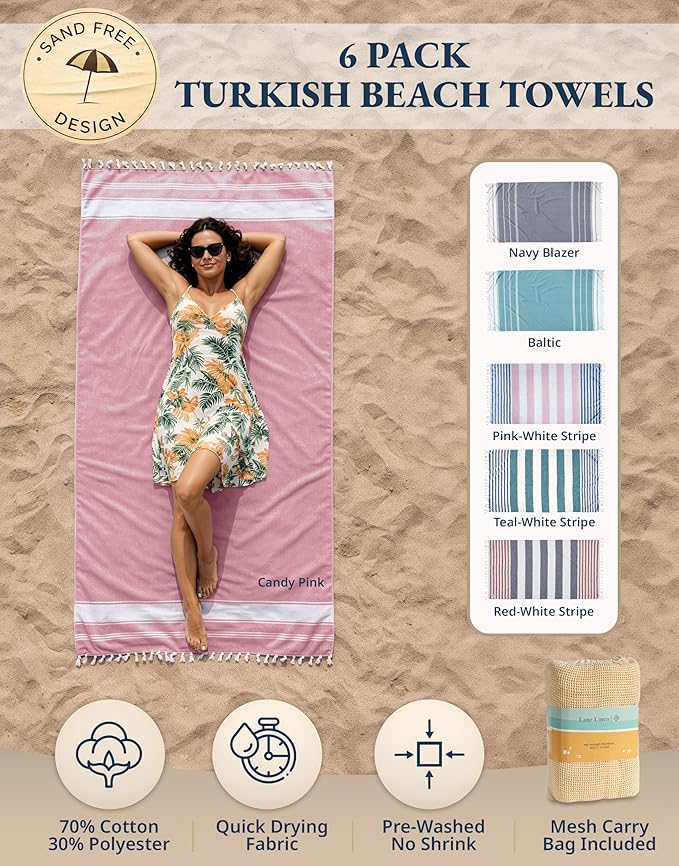 LANE LINEN Beach Towels 6 Pack - Oversized & Pre-Washed Large Beach Towel Set - Stylish Pool Towels for Adults, Quick Dry, Soft & Lightweight Lightweight Travel Towel Pack, 39"x71" - Coastal Harmony