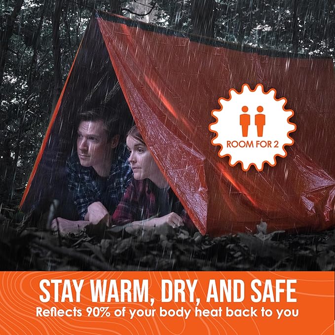 Go Time Gear Survival Life Tent • 2 Person Mylar Emergency Shelter Tube Tent + Paracord • All-Weather Protection for Camping, Hiking, & Survival Kits • Includes Emergency Whistle