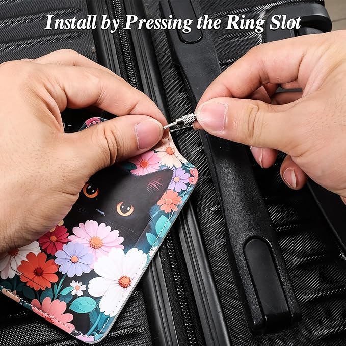 Luggage Tags for Suitcases, 2 Pack Cute PU Leather Luggage Tag TSA Approved with Stainless Steel Loop and Address Card Baggage Tag for Travel&Cruise Ships&Shipping Black Cat Floral, by Chelmon