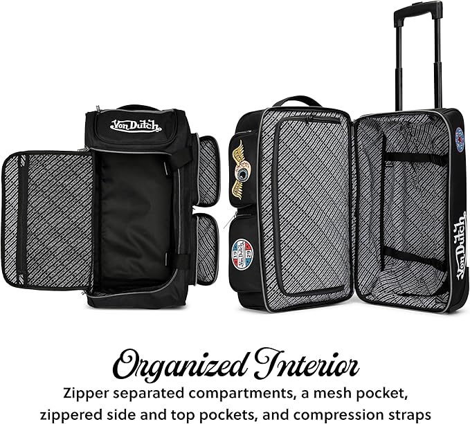 Von Dutch Signature Patch Carry-On 20-Inch Rolling Duffel with Telescopic Trolley Handle and Inline Skate Wheels