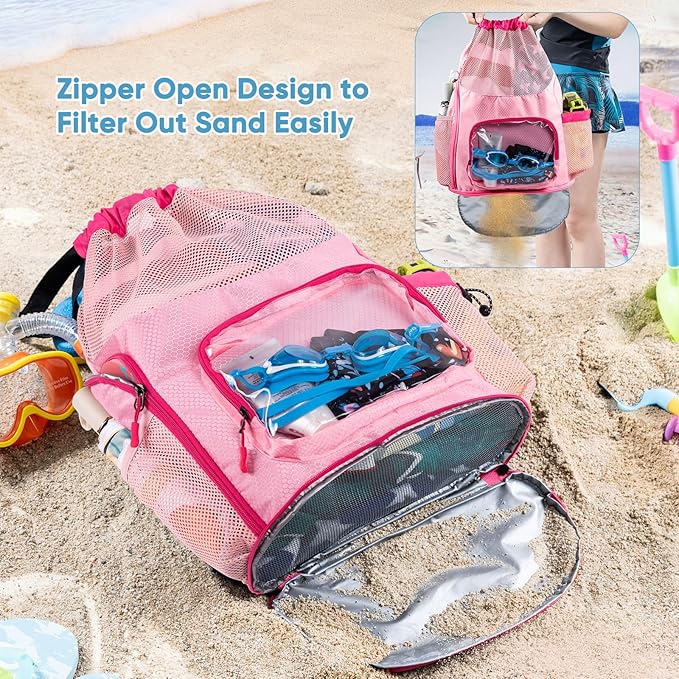 Mesh Drawstring Backpack with Shoe Compartment, Sandproof Beach Swim Bag with Wet Pocket, Pool Gym Shower Bag for Travel Summer Camp
