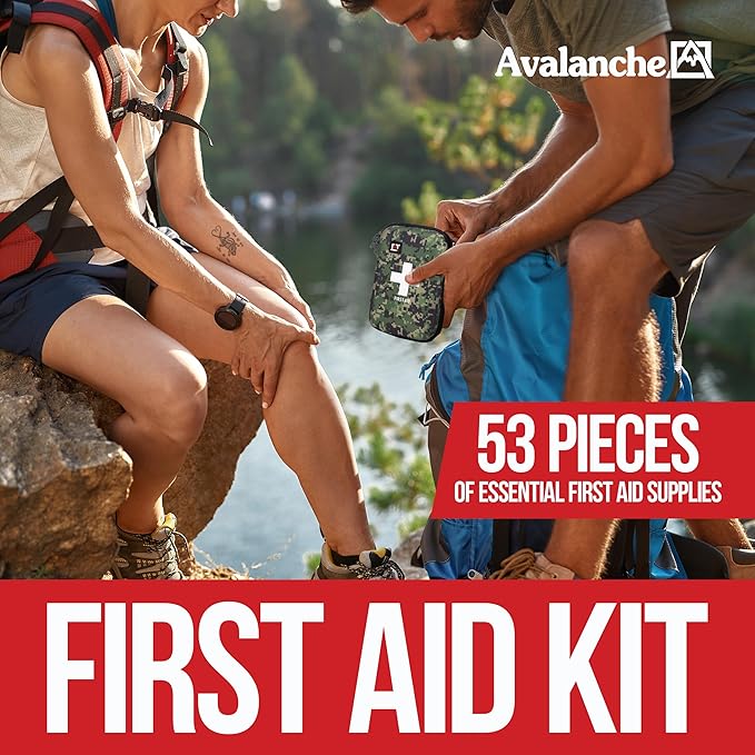 Avalanche 53 Pieces First Aid Kit, Compact Emergency Supplies Kit for Home, School, Car, Travel, Sports or Camping in Hard Shell Foam Case, Portable Mini First Aid Kit, Camo