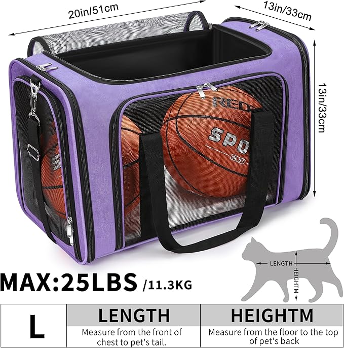 Soft-Sided Cat/Dog/Pet Carrier, Collapsible Pets Travel Carriers for Big Cats/Small Dogs with Shoulder Strap & Removable Mat, Mesh Puppy Carry Bag, Up to 25 Lbs(Purple)