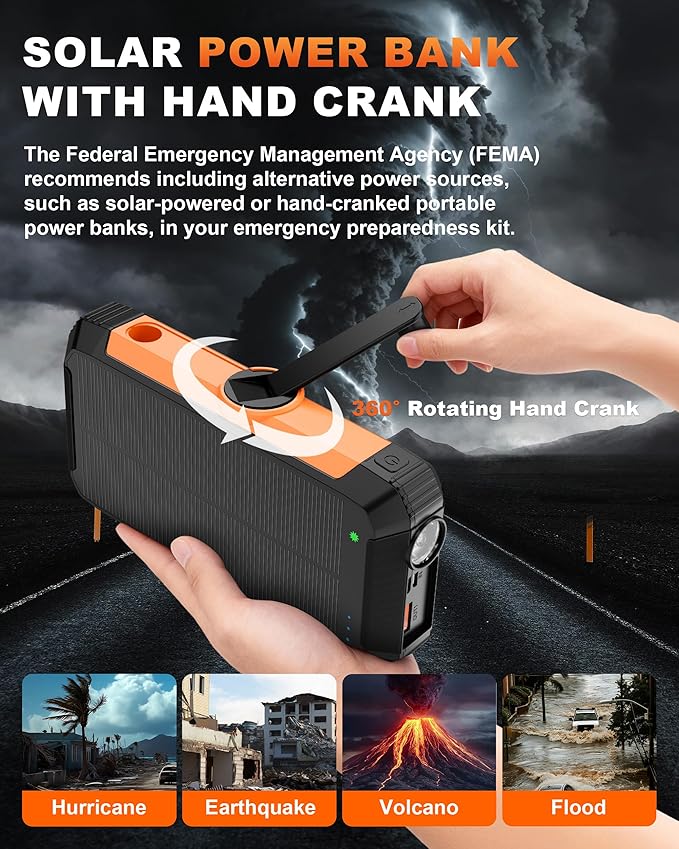 Solar Power Bank with Hand Crank and Retractable Cables, 20000mAh Wireless Portable Charger with USB-C & Camping Light, 25W Fast Charging Battery Pack for iPhone, iPad, Samsung, All Mobile Phones