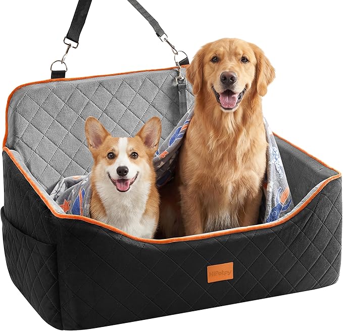 HiPetpy Dog Car Seat Elevated Memory Foam Booster Seat for Large Medium Dogs Under 55 lbs with Pet Blanket, Washable Pet Car Seat with Safety Leash, Anti-Slip Base and Storage Pockets