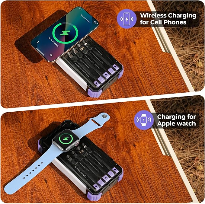 BLAVOR Solar Power Bank 20000mAh Built-in Cables, Wireless Charger for Phones & Apple Watch, 20W Fast Charging Battery Pack with USB C, Flashlight, Solar Charger for iPhone, iPad, iWatch, Samsung