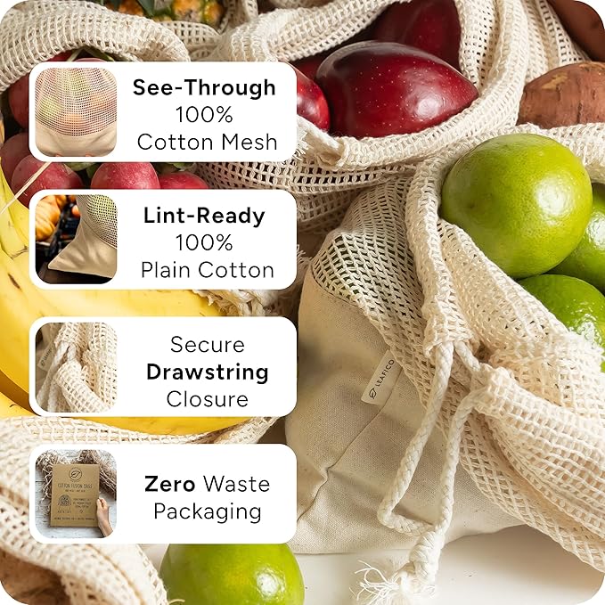 LEAFICO Reusable Produce Bags – 100% Cotton Mesh & Solid Hybrid (Small 8x10 inch 6 Pcs) – Cloth Grocery Bags for Garlic, Nuts, Onions, Bulk Snacks – Washable, Plastic-Free, Breathable, Zero Waste
