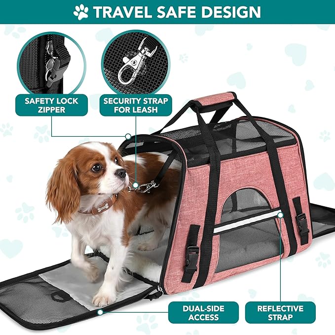 PetAmi Airline Approved Pet Carrier for Cats & Small Dogs, Soft Sided TSA Travel Carrier Bag with Sherpa Bed, Breathable Mesh Ventilation, Collapsible Bowl, Up to 18 lbs, Large Heather White Red