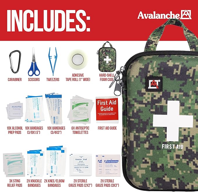 Avalanche 53 Pieces First Aid Kit, Compact Emergency Supplies Kit for Home, School, Car, Travel, Sports or Camping in Hard Shell Foam Case, Portable Mini First Aid Kit, Camo