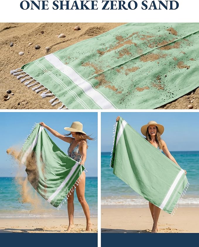 LANE LINEN Turkish Beach Towels, 2 Pack Extra Large Beach Towel, Pre-Washed for Soft Feel, Oversized Sand Free Quick-Dry Pool Towel, Beach Towels for Adults,39"x71" - Jade Green
