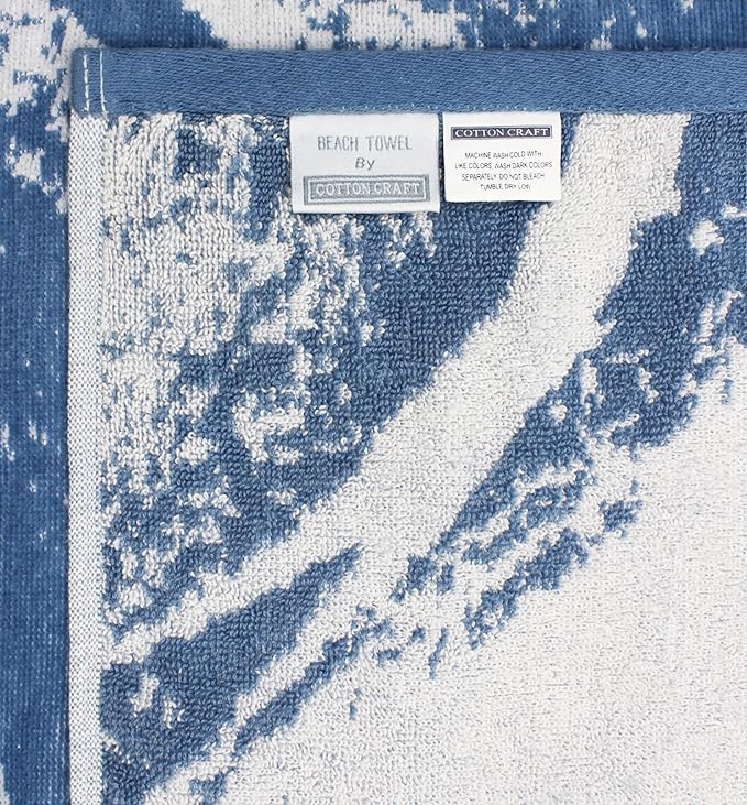 COTTON CRAFT Oversized XL Beach Towel - 2 Pack 39 x 68 inches Summer Wave Big & Huge Beach Blanket Towel - 100% Cotton Jacquard Velour - 450 GSM Super Soft Luxury - Pool Picnic Bath - Surf Blue