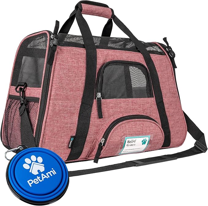 PetAmi Airline Approved Pet Carrier for Cats & Small Dogs, Soft Sided TSA Travel Carrier Bag with Sherpa Bed, Breathable Mesh Ventilation, Collapsible Bowl, Up to 18 lbs, Large Heather White Red