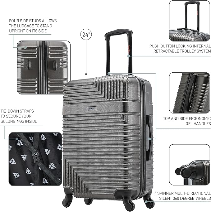 InUSA RESILIENCE Luggage with Spinner Wheels | Durable Lightweight Hardside Spacious Travel Bag with Handle and Trolley | 24-Inch Medium Checked Luggage | Charcoal
