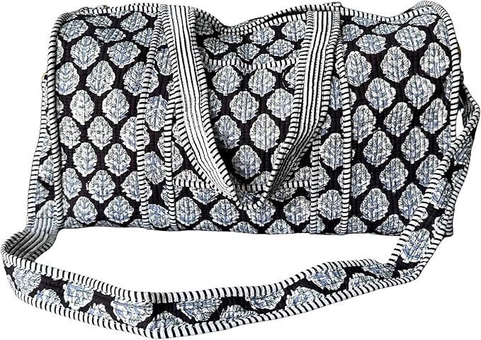 ATOSII Handblock Print 100% Cotton Large Quilted Duffle Bag for Overnight Trip, Travel Weekend Bag, Luggage, 2 Pockets with Zipper, 1 Front Pocket, Detachable Long Strap, 20 X 10 X 12 Inches, Gracie