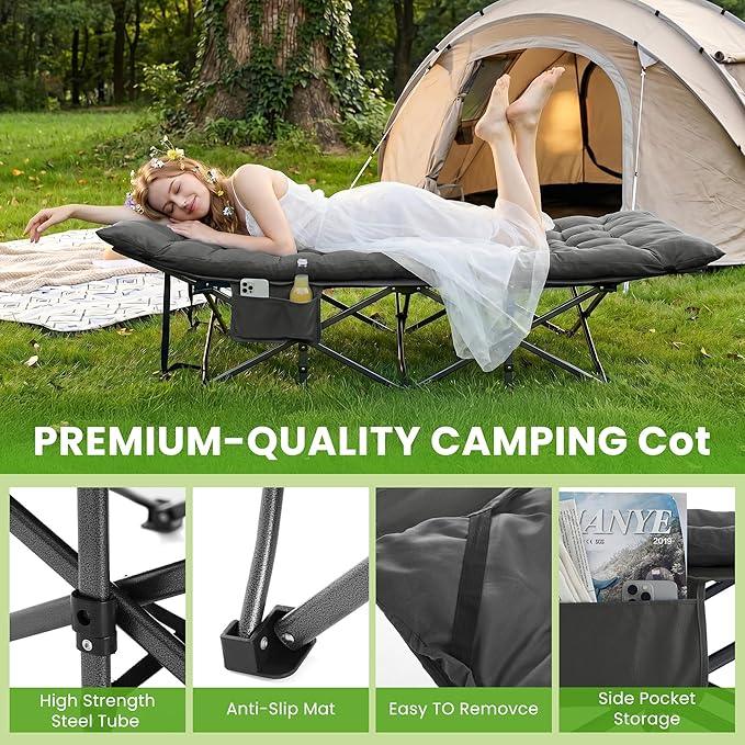Camping Cot, Folding Camp Cot for Adults, Portable Outdoor Cot with Carry Bag & Mattress, Fast Setup, Lightweight Compact Bed for Travel, Home Office Nap (Grey)