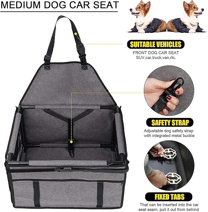GENORTH Dog Car Seats for Small and Medium Dogs,Portable Puppy/Pet Car Booster Seat with Clip-On Leash and Mesh Window for Pet Up to 20 lbs