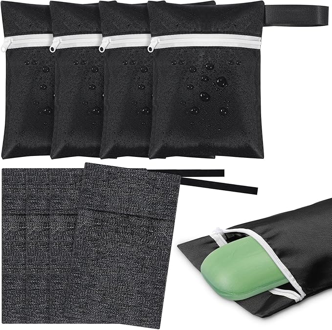 Reallnaive 4 Sets Travel Soap Bar Bag Quick Dry Waterproof & Leakproof Soap Dish Case with Foaming Nets Multifunctional Toiletry Shower Gym Essentials Pouch for Camping Enthusiasts(Black)