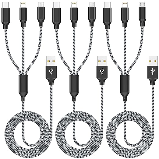 Xnewcable Multi Charging Cable 4ft 3Pack 3 in 1 Charger Cord, Multiple Rapid Nylon Braided Cable USB Charging Cable Multi Phone Charger Cord with Type C Micro Lightning USB Connectors for Cell Phones