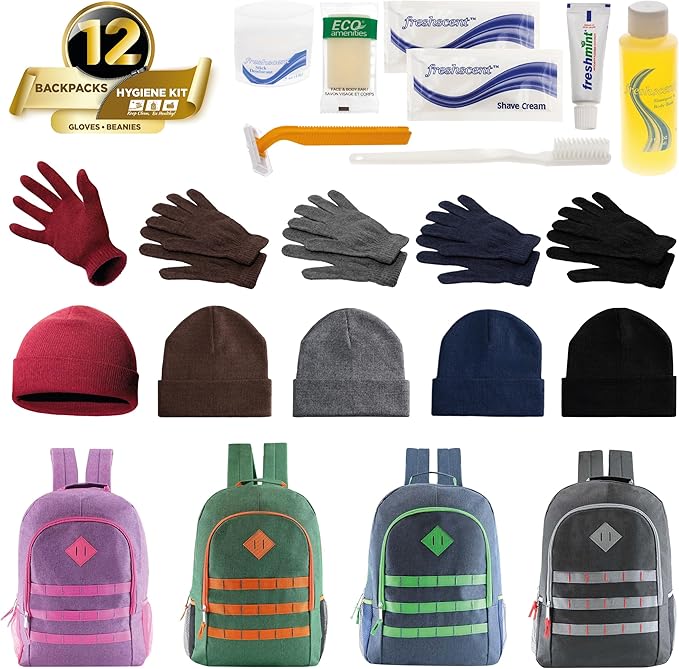 Bulk Case of 12 Backpacks, 12 Winter Item Sets, 12 Hygiene Kits - Hygiene Kits and Clothing for Emergencies, Homeless, Charity