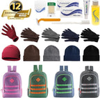 Bulk Case of 12 Backpacks, 12 Winter Item Sets, 12 Hygiene Kits - Hygiene Kits and Clothing for Emergencies, Homeless, Charity