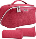 BOYATU Travel Makeup Bags Cosmetic Organizer Bag: 3 Pcs Set Large Capacity Make up Bag with Compartments - Waterproof Leather Toiletry Bags with Handle for Women (A-Red)