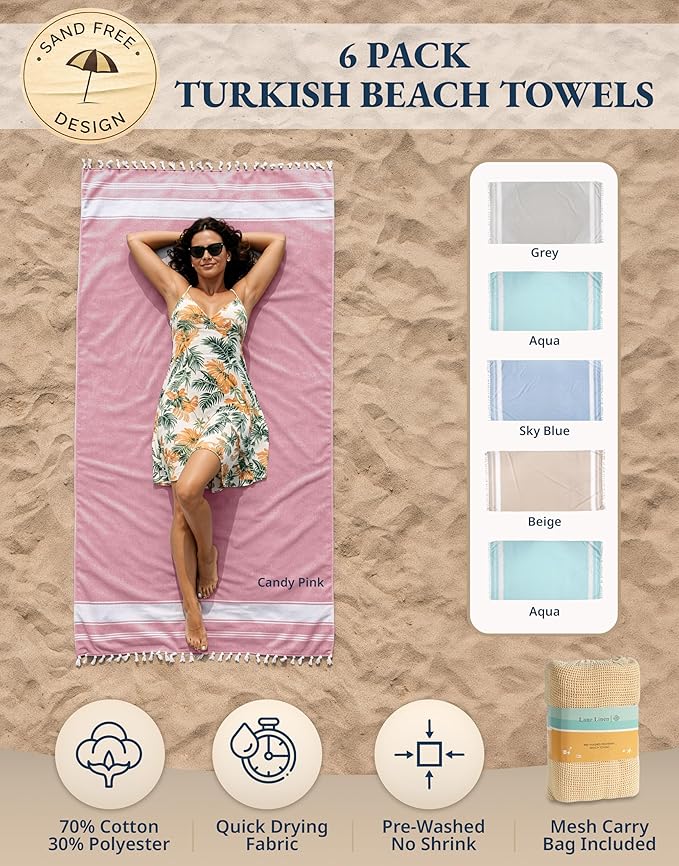 LANE LINEN Turkish Beach Towels for Women, Set of 6 - Large 39"x71", Pre-Washed, No-Shrink, Sand-Free, Quick Dry, Lightweight, Soft Beach Bath Towels - Vintage Beach