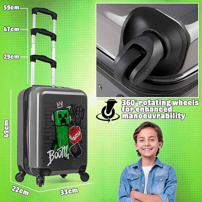 Minecraft Suitcase for Kids Teens Creeper Hard Shell Luggage Rolling Suitcase 4 Wheels Travel Essentials Vacations Trips (Medium Grey, 19.29” - 30L)
