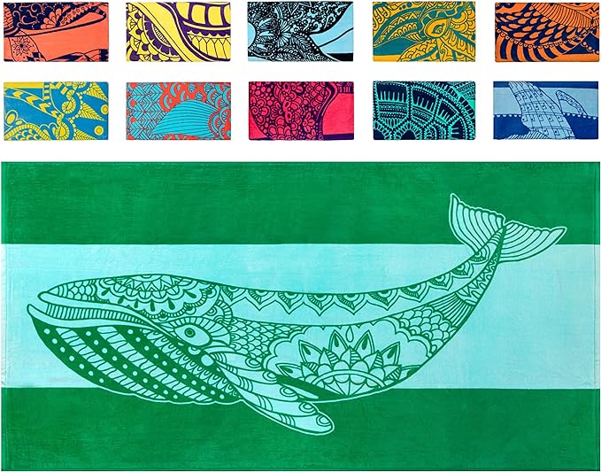 Nova Blue Whale Beach Towel (34 X 63) – Green Oversized Beach Towel with Whale Design Quick Dry BeachTowels Made from 100% Cotton – Sand Free Beach Towels – Extra Large BeachTowel