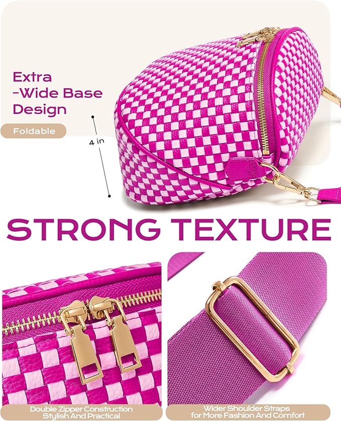 Trendy Woven Checkered Crossbody Bum Bag for Women，PU Leather Checkered Purse Fanny Packs Belt Bag (Woven Bum Bag - Rose White)