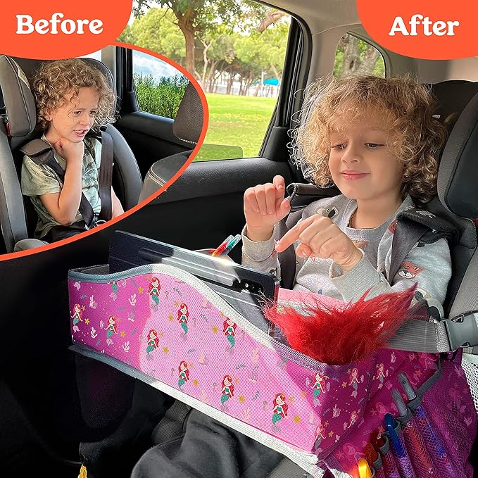 PILLANI Kids Travel Tray for Car - Toddler Car Activities, Car Seat Tray with Activity Sheets & Pens, Road Trip Essentials for Car & Airplane, Travel Lap Desk Accessories - Road Trip Activities Toys