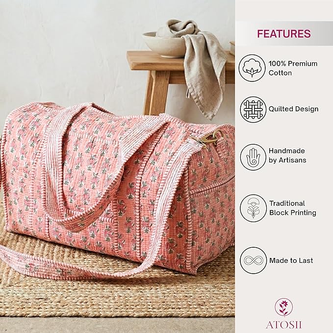 ATOSII Large Duffle Bag, Handblock Print 100% Quilted Cotton for Overnight Trip, Travel Weekender, Luggage, 2 Pockets with Zipper 1 Front Pocket, Detachable Long Strap, 20 X 10 X 12 Inches, Peach Aura