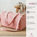 ATOSII Large Duffle Bag, Handblock Print 100% Quilted Cotton for Overnight Trip, Travel Weekender, Luggage, 2 Pockets with Zipper 1 Front Pocket, Detachable Long Strap, 20 X 10 X 12 Inches, Peach Aura