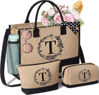 Personalized Gifts for Women Tote Bag, Initial Jute Tote Bag & Makeup Bags Monogrammed Beach Bag w/ Zipper, Mothers Day Birthday Gifts for Women Her Friends Mom Daughter Sister Grandma Teacher Nurse