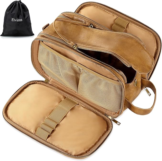 Elviros Toiletry Bag for Men, Large Travel Shaving Dopp Kit Water-resistant Bathroom Toiletries Organizer PU Leather Cosmetic Bags