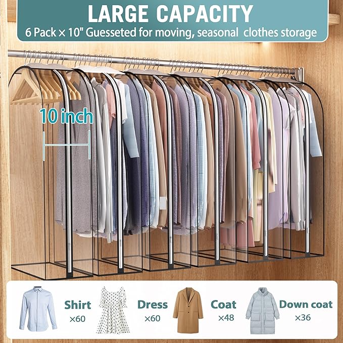 Liuoud Clear Garment Bags for Hanging Clothes10” Gusseted, Suit Bags for Closet Storage, Hanging Plastic Clothes Cover for Coat, Dress, Fur, Shirt, 6 Pack, 40” Long