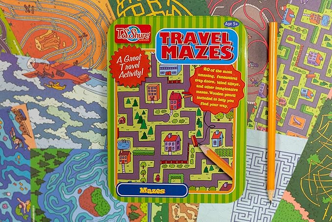 TS Shure by Bendon Travel Games Mazes Mini Activity Tin with 20 Illustrated Activity Sheets and Pencil and Tin 50438