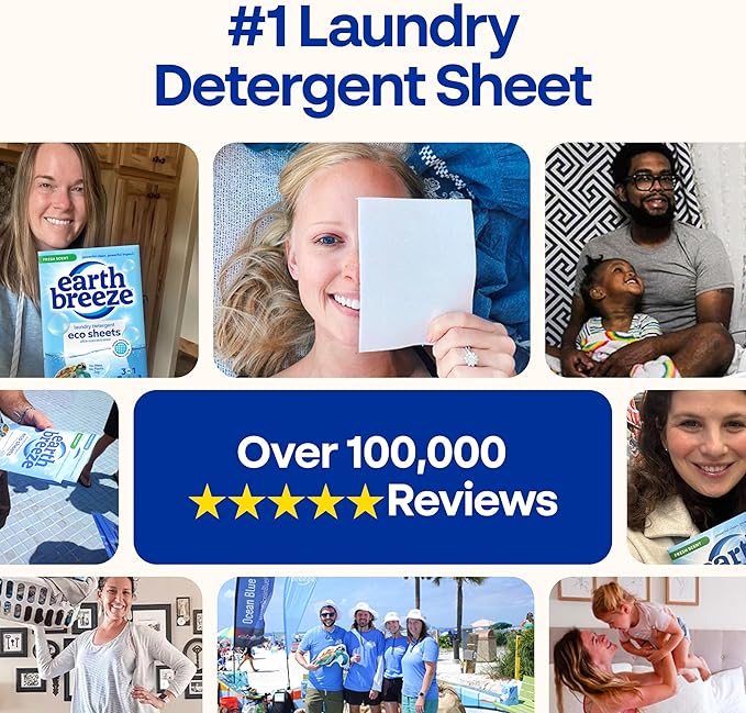 Earth Breeze Laundry Detergent Sheets Fresh Scent - 60 Loads Eco Liquidless Soap - Travel-Friendly for Hot & Cold Cycles, Tackles Tough Stains & Odors - Gentle on Skin, 30 Ct